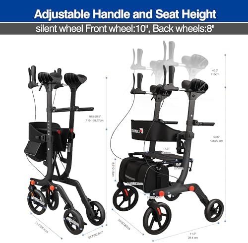 Lightweight Upright Rollator Walker All-Terrain Foldable with seat and Adjustable Height backrest, 300 lbs Capacity, 10" Front & 8" Rear Wheels for Seniors, Adults, bariatric, Includes Cane Holders