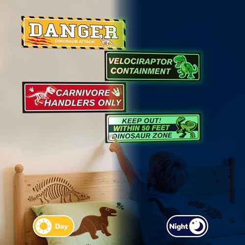 Glow in The Dark Dinosaur Wall Stickers, Dangerous Dinosaur Attacks Warning Wall Decals for Dino Areas, Velociraptor Fence Warning Ceiling Decor, Boys Kids Bedroom Home School Nursery Party Supplies