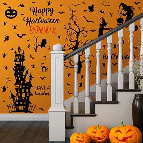 6 Sheets Halloween Wall Decals Removable Tall Haunted House Stickers Decorations DIY Spooky Garage Door Stickers Witch Bats Ghost Tree Castle Window Decals for Wall Room Nursery Halloween Party