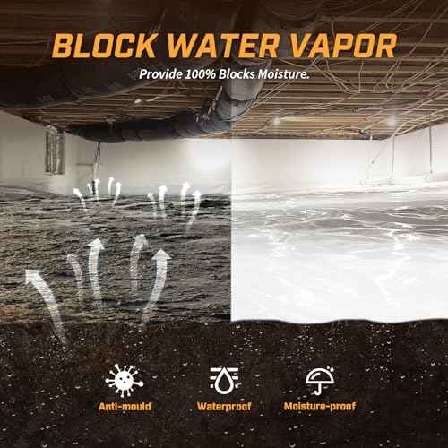 Crawl Space Vapor Barrier, 10mil Film, 10'x25', White Plastic Sheeting - Thick Plastic Sheeting, Heavy Duty Polyethylene Film, Drop Cloth Vapor Barrier Covering for Crawl Space, Garden, Basement