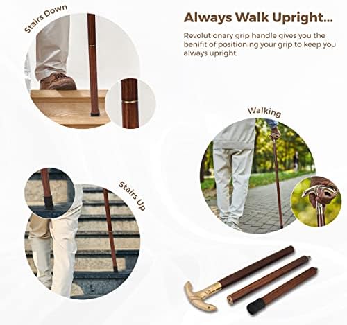 Ajuny Wooden Walking Stick for Men Women Seniors Lightweight Detachable Handmade Cane with Decorative Brass Handle Unique Gift for Adults
