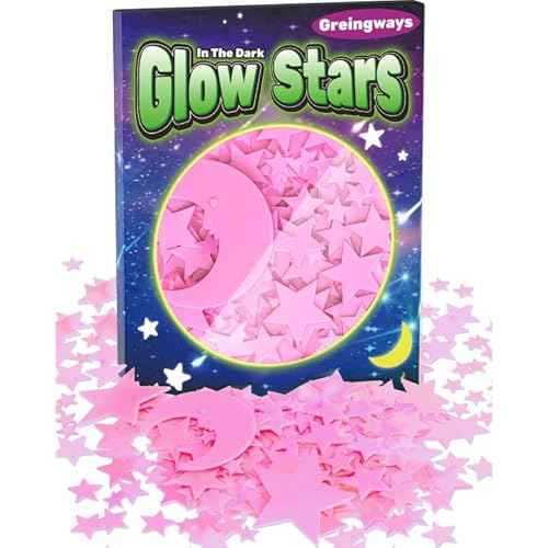 Greingways 201 Pcs Glow in The Dark Stars Stickers for Ceiling Bedroom, Stocking Stuffers for Kids Ages 3-5, 4-8, 8-12, Boys Girls Room Decor Wall Stickers Stocking Stuffers for Toddler-Pink