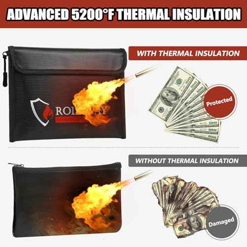 ROLOWAY Fireproof Bag (9.6 x 6.6 inches) 5200¢µ Heat Insulated, Fireproof Money Bag with Zipper for Cash (2-Pack Black)
