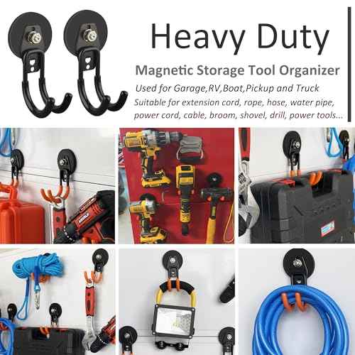 ULIBERMAGNET Garage Magnetic Hooks, 4 Pack Black Heavy Duty Large J Hooks with Magnet, Black Strong Anti-Slip Coating Magnet Hooks for Garden Tools, Ropes,Drill,Metal Cabinet,Pegboard