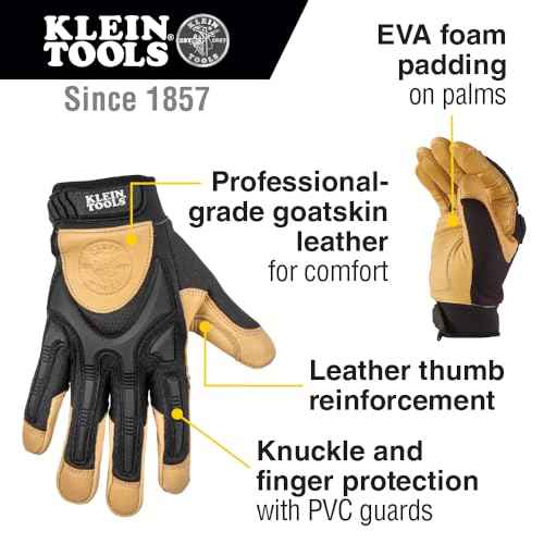 Klein Tools 60188 Work Gloves, Professional Grade Leather Gloves with Knuckle and Finger Protection, Thumb Reinforcement, Mesh Back, Large