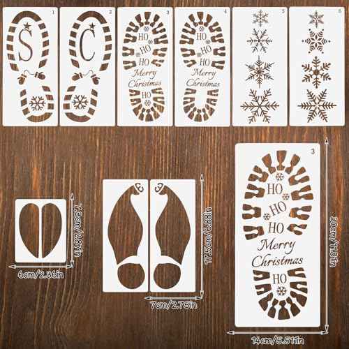 DIYASY 9 Pcs Christmas Santa Footprint Stencils, Reusable Snowflake Stencils for Painting Large Crafts Stencil Elf Foot Print Templates Holiday Xmas Decorations