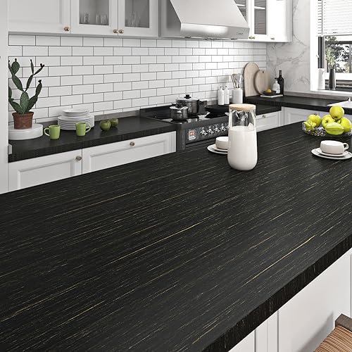 Livelynine Textured Black and Gold Wallpaper Peel and Stick Black and Gold Contact Paper for Cabinets Countertops Desk Covering Waterproof Renter Friendly Wallpaper for Bathroom Apartment 15.8X78.8