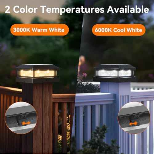 Solar Post Cap Lights Outdoor 8 Packs, Waterproof Solar Powered Deck Light for 4x4 4.5x4.5 5x5 Vinyl/Wooden Posts, Black Outside Warm/Cool Lighting Fence Cap Lights with 16LEDs for Garden, Patio