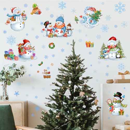 ReliThick 64 Pcs Christmas Snowman Wall Sticker Clings Removable Christmas Wall Art Silver Blue and White Winter Window Clings Wall Decor for Christmas Winter Home Bedroom Decorations
