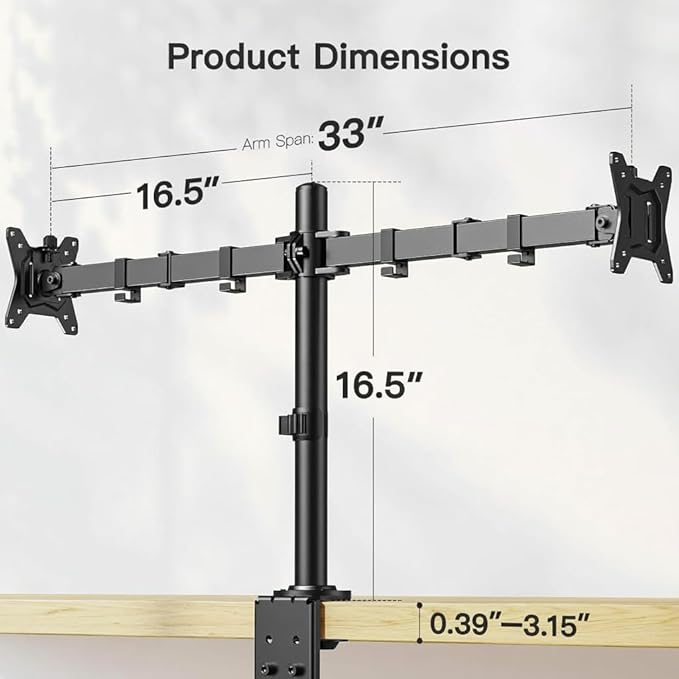ErGear Dual Monitor Desk Mount for 13″–34″ Monitors up to 26.5 lbs, Fully Adjustable Monitor Stand Holds 2 Computer Screens, Heavy-Duty Dual Monitor Arm with C-Clamp & Grommet Base, Black, EGCM13B