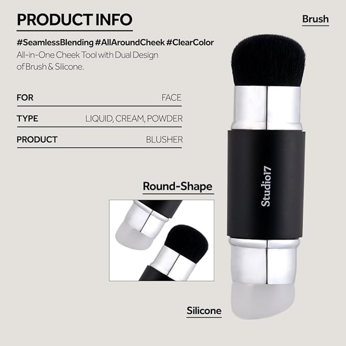 STUDIO17 Dual Ended Silicone Tip Blush Brush | Korean Olive Young Makeup Tool for Contouring & Blush Application | Skin-Friendly Non-Irritating Professional Face Makeup Brush