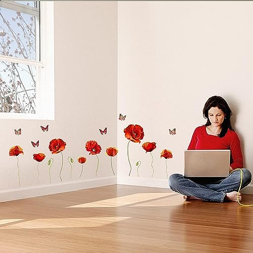 PLIGREAT Red Poppy Flowers Wall Stickers, Peel and Stick Wall Decals, Removable Vinyl Butterfly Walls Sticker for Living Room Bedroom Dining Room Home Indoor Decor DIY Art Decor