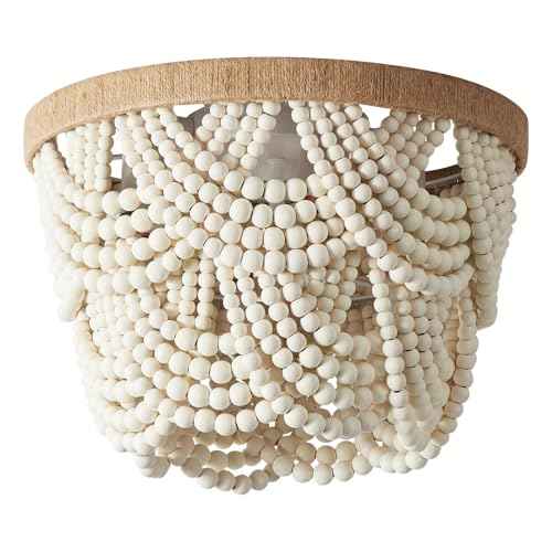 White Boho Mini Chandelier£¬ 2-Tier Wood Beaded Flush Mount Ceiling Light for Bedroom Hallway Entryway Closet Laundry Room Nursery Room 4-Lights
