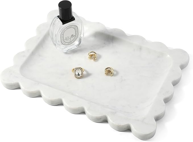 Koville Scalloped Marble Tray, 11"x8" Marble Vanity Tray for Countertop Bathroom Kitchen Dresser, Natural Stone Tray for Jewelry Perfume Home Decor, Decorative Catchall Trays(Bianco Carrara)