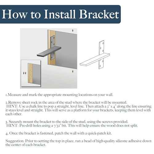 Free Hanging Countertop Support Bracket 16" Lx2.5 W 2 Pack Hidden Floating Wall Bracket 3/8" Thick Heavy Duty Shelf Bracket for Floating Bars,Bench Seats,Vanities