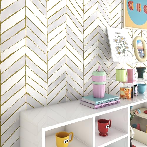 Gold and Light Gray Peel and Stick Wallpaper, Modern Geometric Contact Paper 17.3''x78.7'', Removable Herringbone Wallpaper, Geometric Striped Contact Paper Self-Adhesive for Cabinets