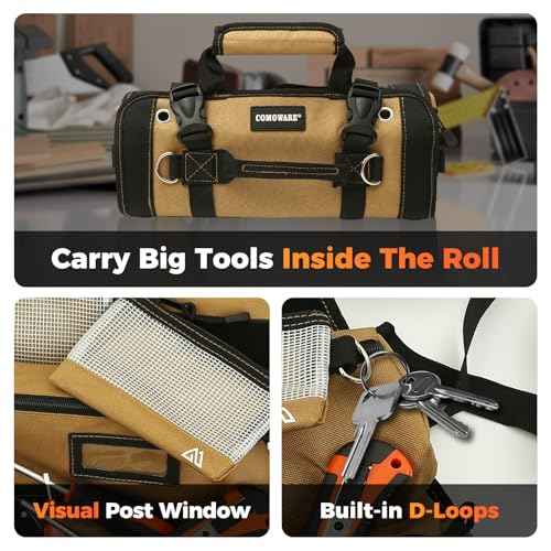COMOWARE Roll Up Tool Bag, 600D Oxford PVC Coated Tool Organizer with 11 Pouches, 5 Exterior Wrench Pockets & Adjustable 51.2" Shoulder Strap for Mechanics, Plumbers, Camping, Motorcycle