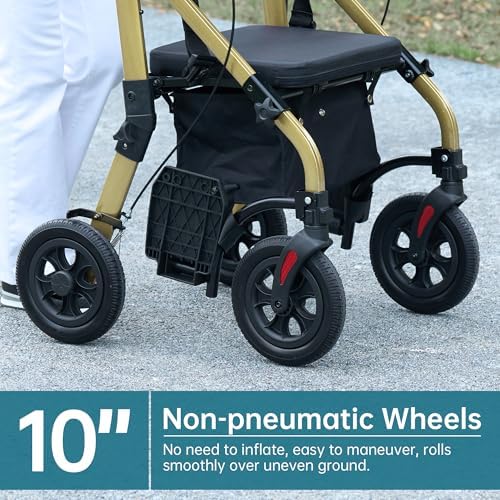 ELENKER All Terrain Rollator Walker Transport Wheelchair Combo, 2 in 1 Rolling Walker with Padded Seat and Wide Backrest, Champagne