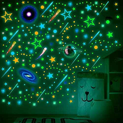 Spakon 495 Pcs Glow in The Dark Moons and Stars Wall Decals for Ceiling,Glowing Planets Wall Stickers Removable Galaxy Solar System Space Decal Nursery Stickers for Kids Bedroom Living Room Decor