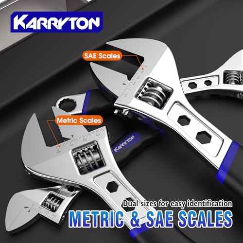 Adjustable Wrench Set (6" 8" 10" 12"), 3-in-1 Spanner Wrench w/Box End/Hex Function, Scales Metric and SAE, Drop Forged CR-V Steel, Chrome Plated, Ergonomic Soft Grip, Hanging/Rolling Bag