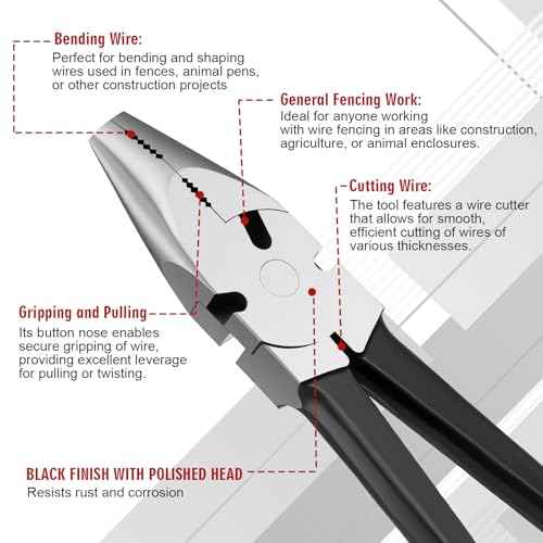 10'' Button Fence Pliers for Bending Cutting and Gripping Round Nose Wire Cutter Plier for Construction and Wire Fencing Resists Rust and Corrosion