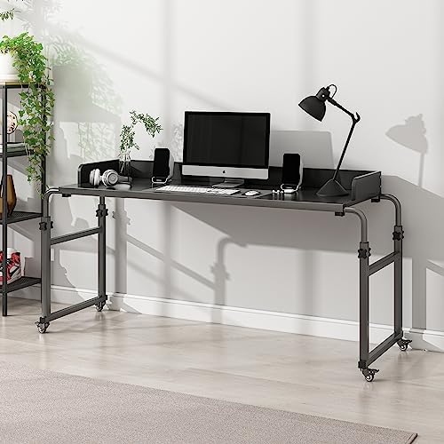 Overbed Table with 360° Wheels, Queen Size Mobile Bed Desk, Recliner Table Over Bed Table Adjustable Height and Length Overbed Table with Heavy Duty Metal Leg for Hospital and Home use