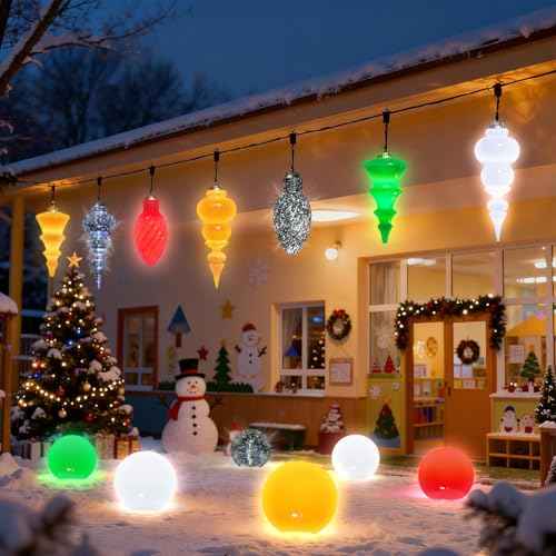 Lanpn 4 Pcs 8" Outdoor LED Ornament, Large Christmas Battery Powered Ball Lights, Xmas Tree Sphere Bulb Decor with Dark Sensor, Christmas Lighted Ornaments for Lawn Garden Yard Patio, Red