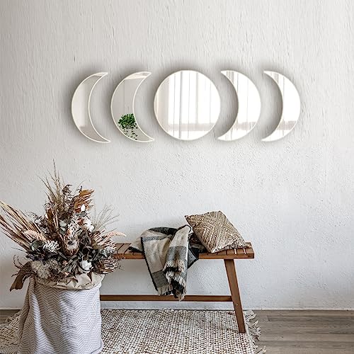 5 Acrylic Mirror Wall Stickers - Self Adhesive Moon Phase Mirrors - Bohemian Decor for Home, Living Room, Bathroom, Bedroom (15cm)