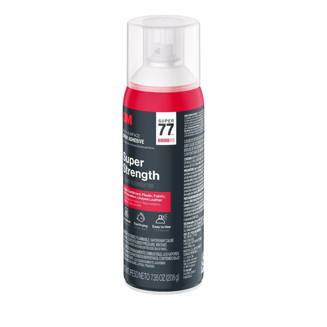 3M Super 77 Multi-Surface Spray Adhesive, 7.35 oz., Low VOC, Quick Bond, Fast Drying, Clear Finish for Foil, Foam, Paper, Metal, Plastic, Fabric, and Cardboard (77-10-NAT), 4-Pack