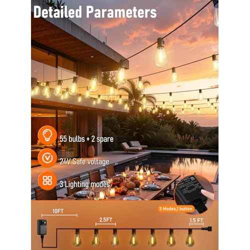 luckystyle 150FT LED Outdoor String Lights with Remote, 55+2 Shatterproof Bulbs Waterproof and Dimmable Patio Lights for Porch, Garden, Backyard, Deck, Balcony, 2700K Hanging Lighting