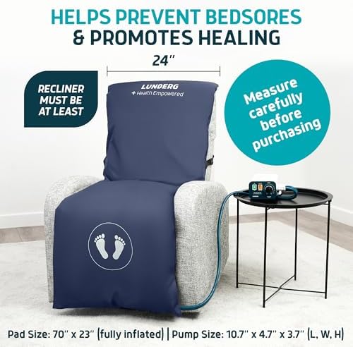 Lunderg Alternating Air Pressure Pad for Recliner Chair - Pressure Relief Cushion Topper for Recliner - Bed Sore Prevention - Medical Grade Mattress Pad, Cover & Quiet Pump - Home or Hospital (Blue)