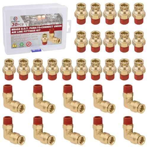 3/8¡± Quick Push to Connect Fittings Brass Male Straight and Elbow Combination DOT Approved 3/8" Tube OD x 1/4" NPT Thread Air Brake Line Adapter Air Suspension Kit Air Hose Repair Kit 30pcs