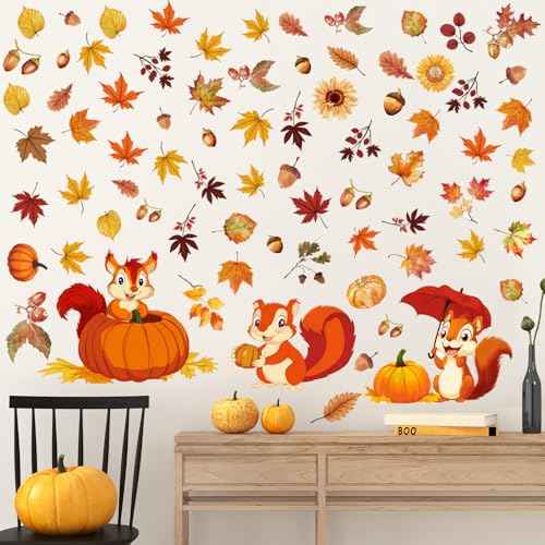 107 Pcs 6 Sheets Thanksgiving Fall Leaves Wall Decals Squirrel Acorn Pumpkin Autumn Wall Decals Peel and Stick Removable Wallpaper Thanksgiving Stickers for Window Living Room Home