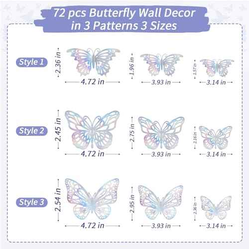 72 PCS Laser Butterfly Decorations, 3D Butterfly Decoration with 3 Styles 3 Sizes, Removable Wall Decor Stickers