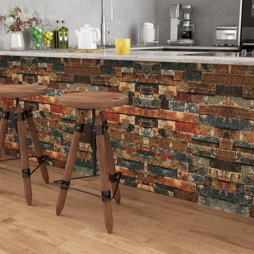 LACHEERY Vintage Brick Wallpaper Peel and Stick 3D Textured Brown Blue Stone Wallpaper Removable Self Adhesive Brick Contact Paper for Walls Kitchen Fireplace Heat Resistant Waterproof Roll 15.8"x80"