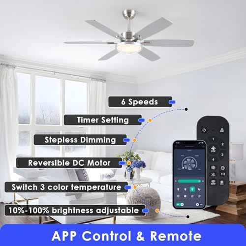 52 inch Modern Ceiling Fans with Lights Remote/APP Control,Modern Flush Mount Ceiling Fan,DC Reversible Motor, 3CCT,Surper Bright Dimmable LED Ceiling Light with Fans for Bedroom, Livingroom Nickel