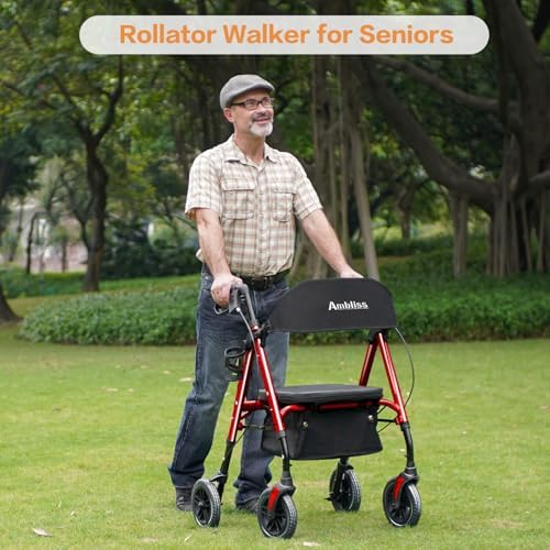 Amblisss Walkers for Seniors with Seat, Foldable Rollator Walkers, 300 lbs Weight Capacity, 8" Wheels Dual Height Ajustable, Rolling Walker with Seat for All-Terrain, Red