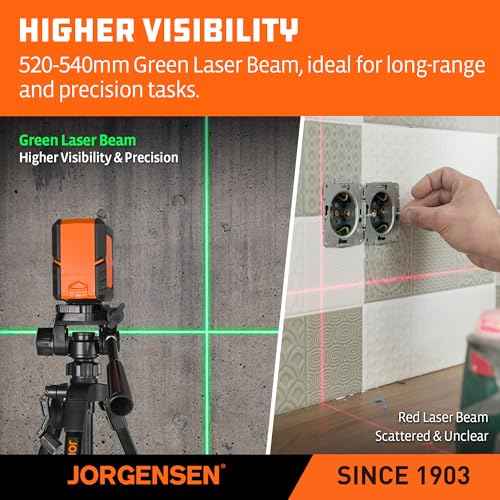 JORGENSEN Laser Level with Tripod, 100 FT Dual Modules Self Leveling Cross Line Laser Leveler Tool with 360¡Æ Magnetic Base, Green Laser Level for Picture Hanging, Tile, Home Renovation, Indoor Project