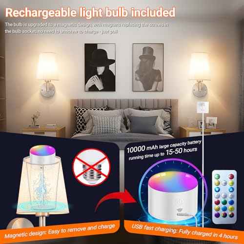 Wall Sconce Battery Operated Wall Light Fixure with Remote Control, Dimmable Battery Operated Wall Sconces Set of Two, Indoor Wireless Wall Mounted Lamp with Rechargable Bulb for Bedroom Living Room
