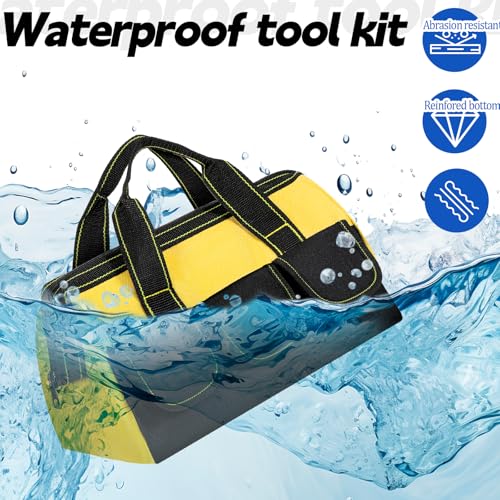 3 Pack 13 Inch Tool Bags for Men, Wide Mouth Tool Tote Bag with Waterproof Base Heavy Duty Tools Storage Bag for Electrician Carpenter Mechanic (Blue, Red, Yellow)
