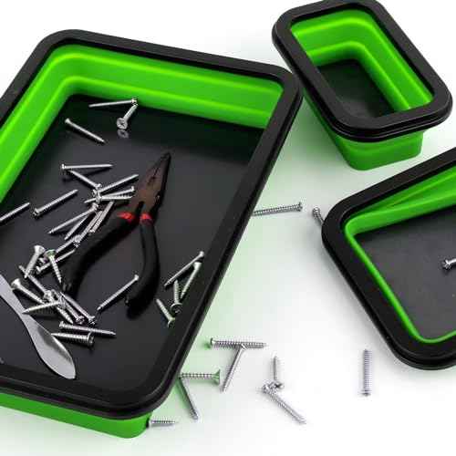 3pcs Collapsible Magnetic Parts Tray, 3 Sizes Magnetic Foldable Tray Insulating Silicone Magnetic Tool Tray for Mechanic's Folding Bowl & Magnetic Base for Bolts Screws Nuts Gaskets (Green)