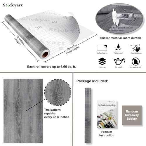 Stickyart Thick Grey Wood Cabinet Wallpaper Wood Grain Contact Paper Peel and Stick Vintage Wallpaper Self Adhesive Removable Gray Wood Paper for Countertops Cabinets Drawers Closet Shelves 12"x80"