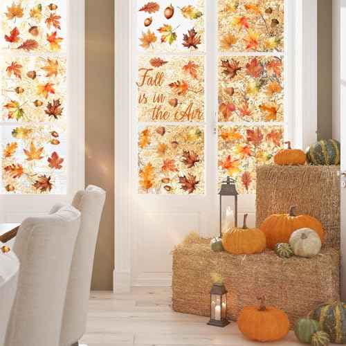 125 Pcs / 6 Sheet Thanksgiving Wall Decals Watercolor Truck Pumpkin Maple Leaves Scarecrow Wall Decals for Fall Thanksgiving Day Home Autumn Harvest Party Living School Office Party