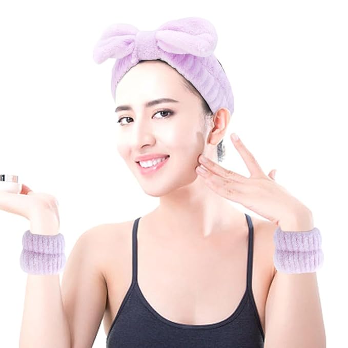 SPA Headbands for Washing Face Makeup Headbands with Bow Hair Band Women Facial Head Band Wrist Towel Wraps For Shower Face Mask Purple, 6 Pack