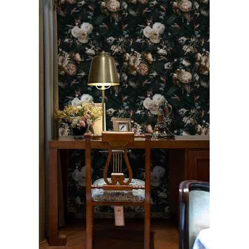 Floralplus Peel and Stick Wallpaper Removable Dark Floral Wallpaper 17.5 x 393 in Renter Friendly Wallpapers for Bedroom Accent Wall Black Floral Contact Paper Flower Wall Mural