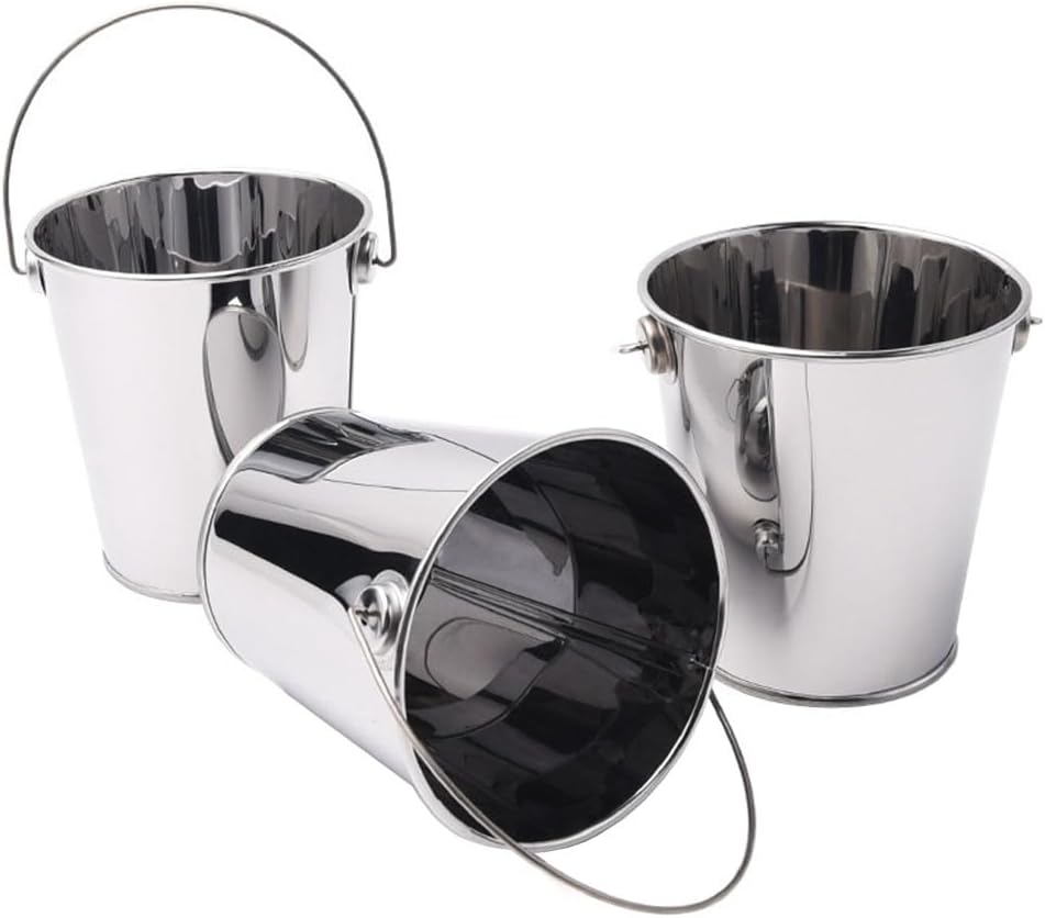3 Pack Small Buckets Metal Buckets for Party Favors, 430 Stainless Steel Buckets Mini Pails Snacks Buckets Ice Buckets with Handles, for Candy, French Fries, Planting Flowers, Silver, 3.5" W x 3.7" H