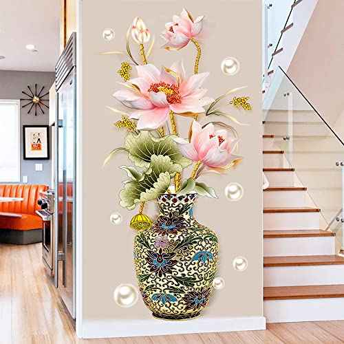 Chinese Style Lotus Flower Classical Vase Wall Sticker Pearl Living Room Art Wall Decals Home Entrance Backdrop Decoration