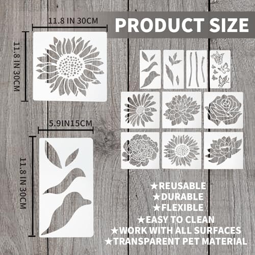 Large Flower Stencils for Painting - 10 Pcs Giant Floral Stencils with Rose & Daisy Designs for Walls, Fences & DIY Crafts