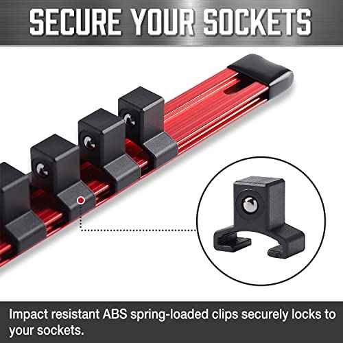 ALOANES 3 PC 3/8-Inch Drive Aluminum Alloy Socket Organizer, Heavy Duty Socket Racks, Socket Holder Kit 3/8-Inch x 54 Clips (Red)