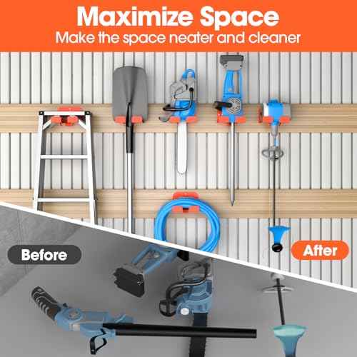 Weedeater Rack, Garage Organization Wall Hangers, Garden Tool Organizer Metal Trimmer Rack, Heavy Duty Hooks for Grass Trimmer, Hedge Trimmer, Garage Tools Storage, Orange 2-Pack